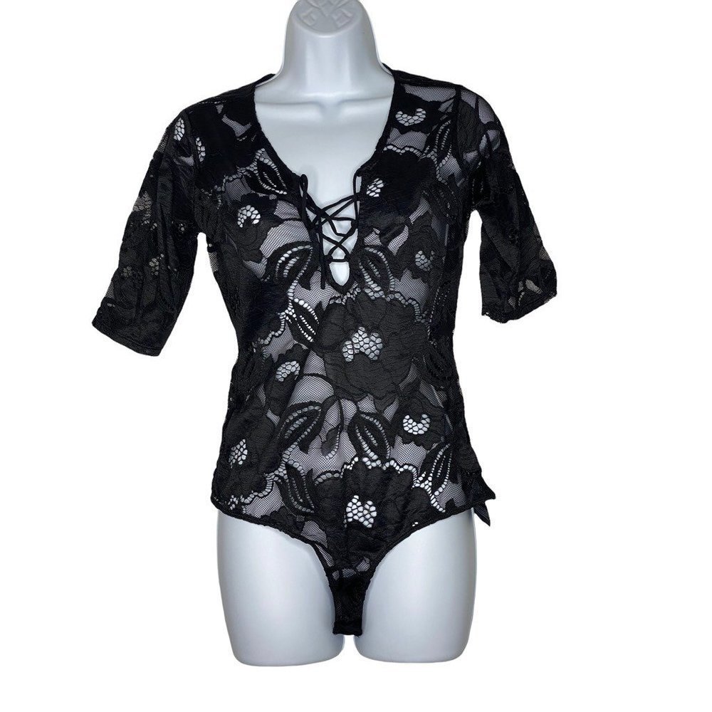 Guess Womens Bodysuit Black Floral Half Sleeves‎ Lace Up Mesh Sexy M New
